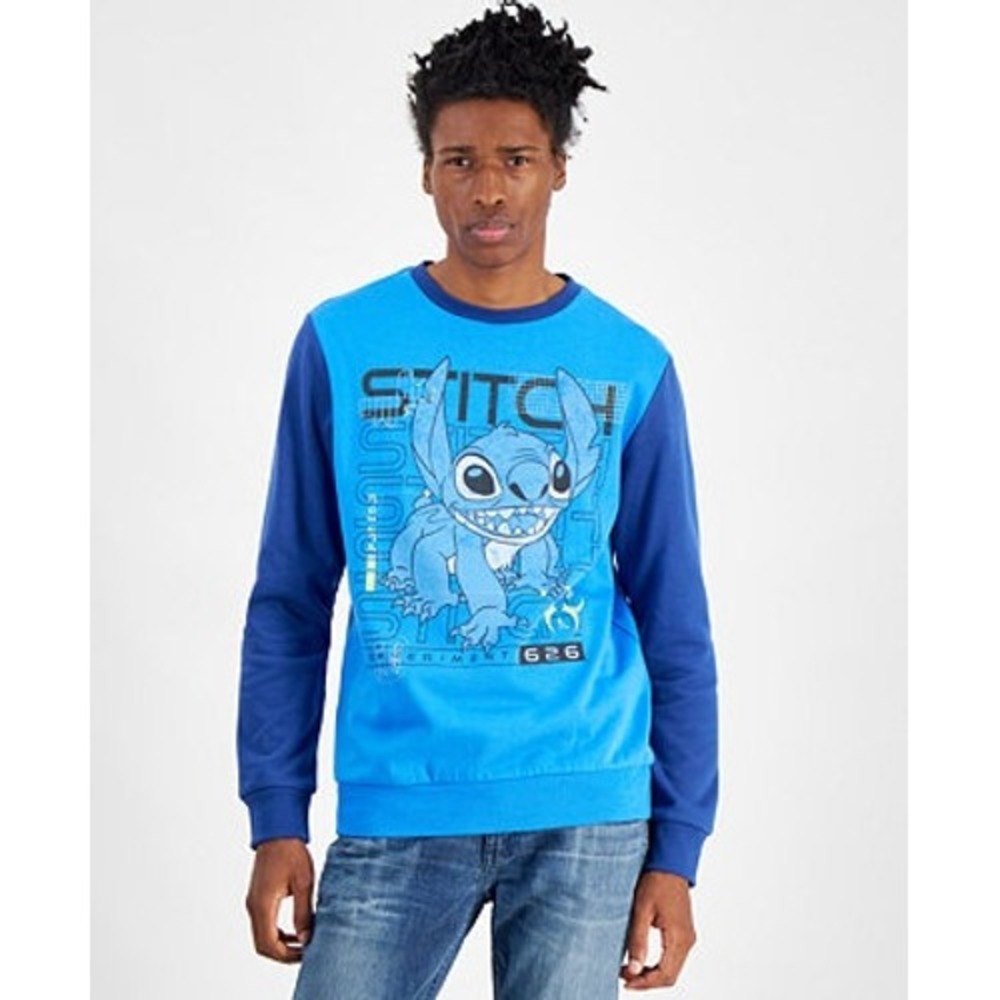 Disney‎ Stitch Experiment 626 Mens Blue Colorblock Fleece Sweatshirt XXL New